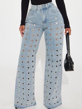 Fashion Nova Light Blue Wide-Leg Grommet Jeans